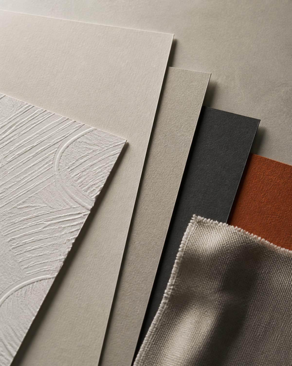 Stacked paper stock and material swatches in neutral tones on a studio surface