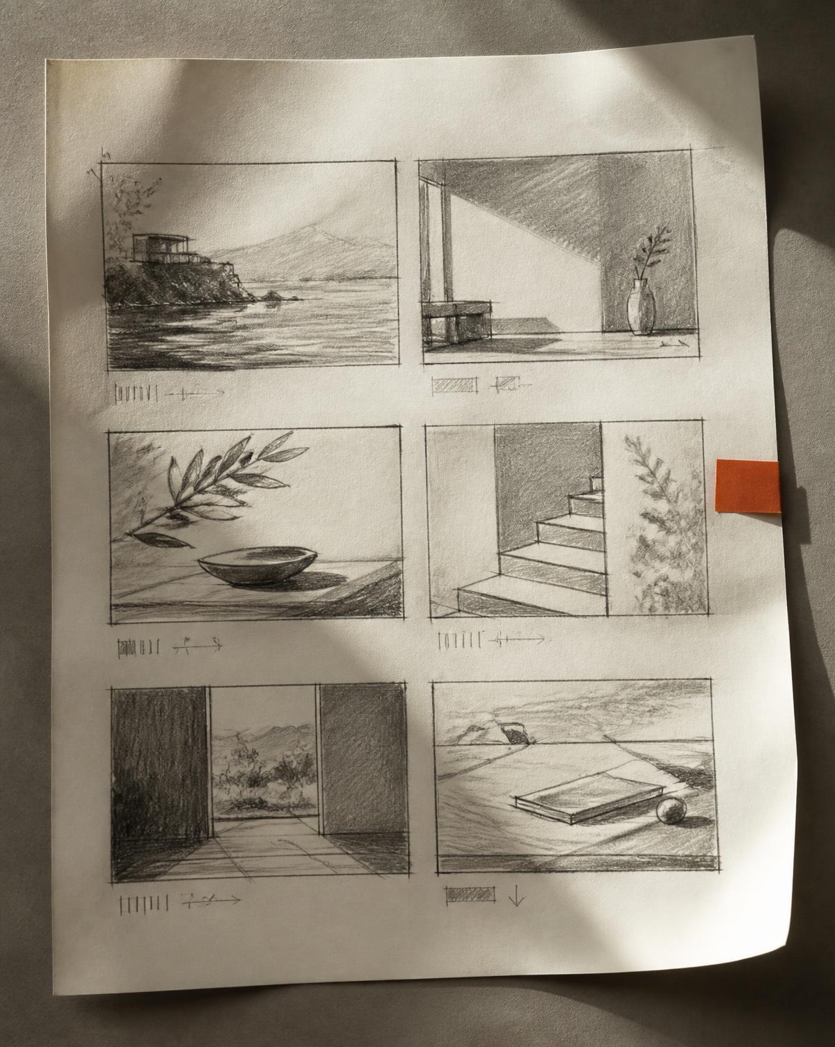 Hand-drawn storyboard frames in graphite on off-white paper