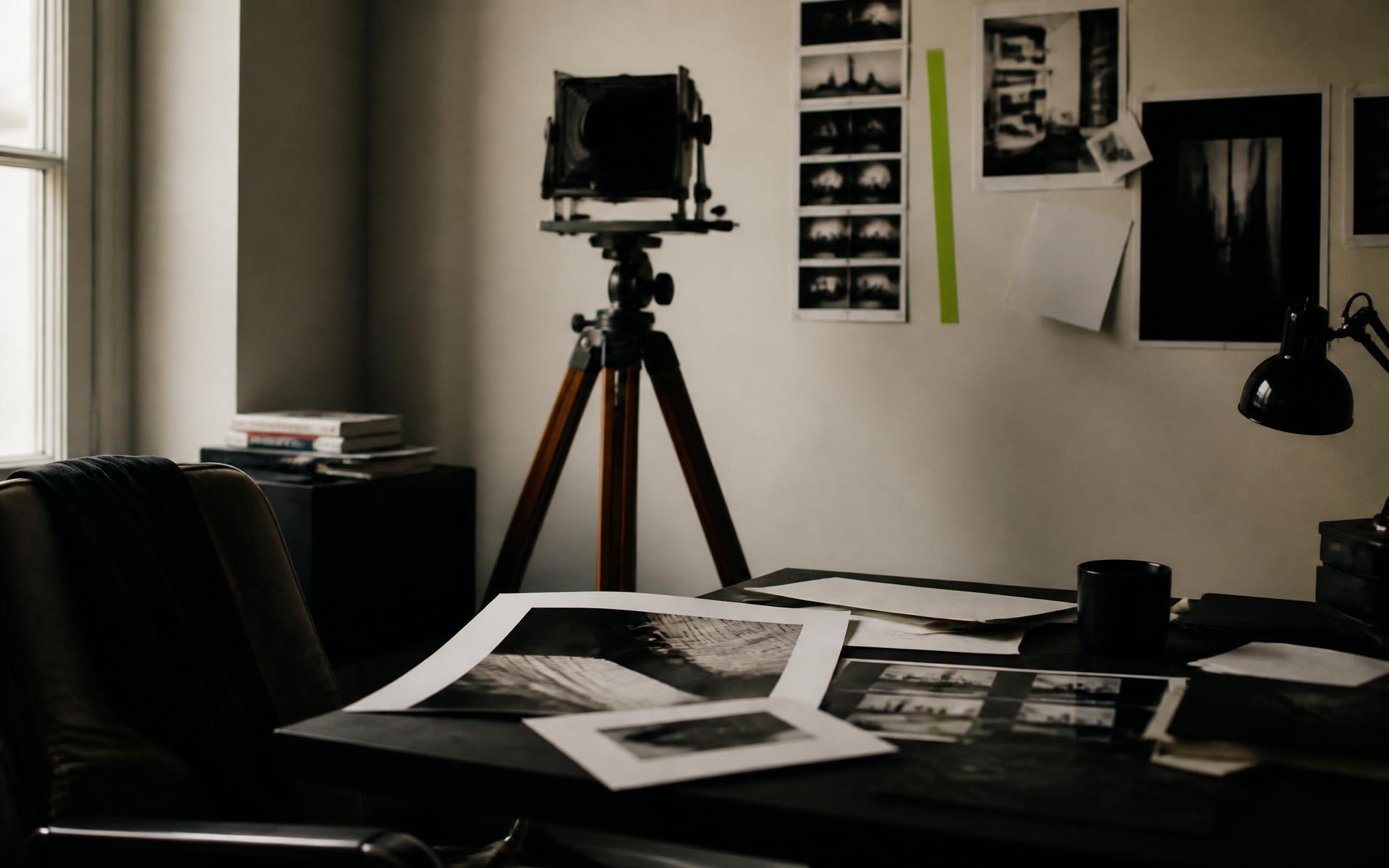 Editorial creative studio with camera and contact sheets