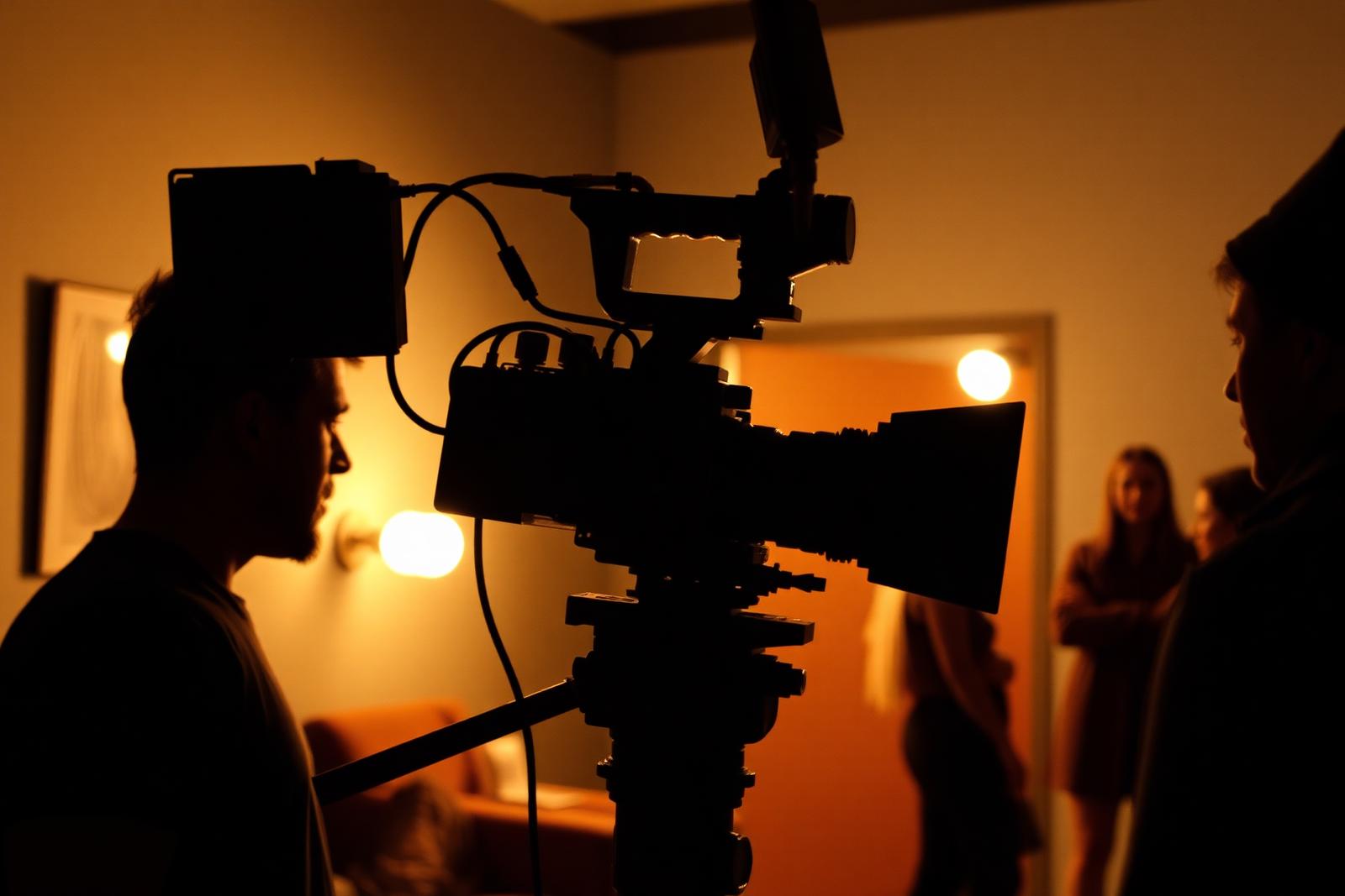 Silhouetted crew and cinema camera rig on an interior location lit with warm practicals