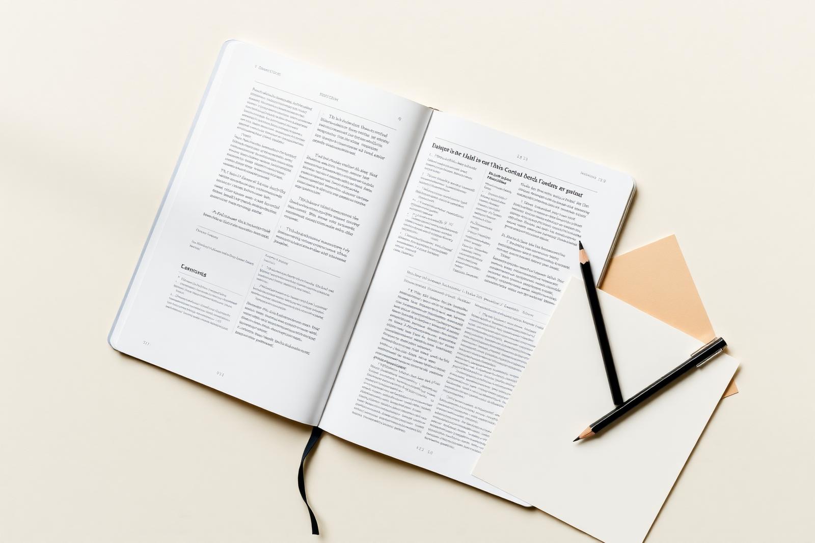 Open editorial layout book beside blank paper, a pencil and a pen on an off-white desk