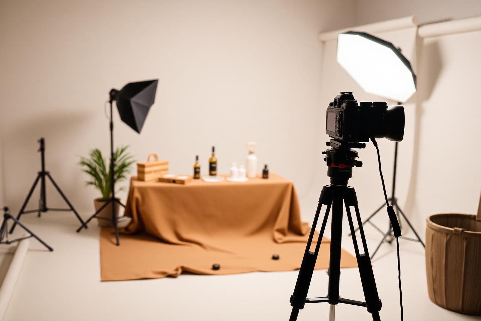 Medium format camera on a tripod facing a lit product set in a daylight studio